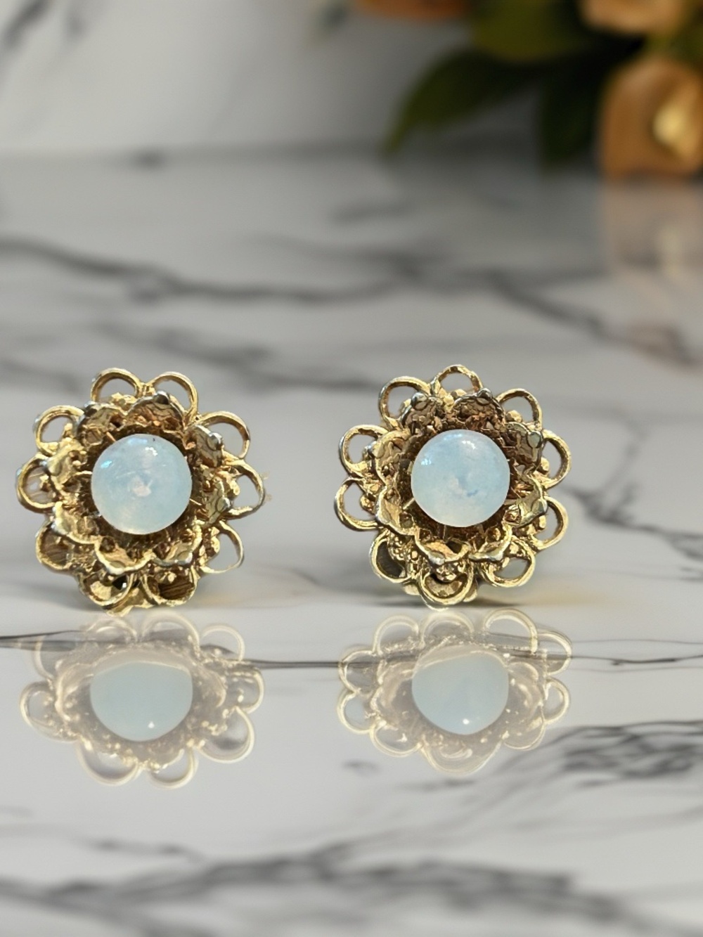 Vintage Moonstone Type Gold Tone Clip Earrings